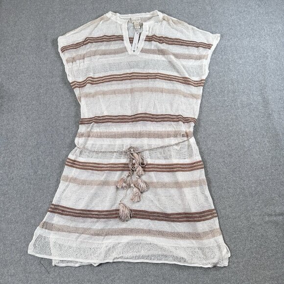 Chicos Cover Up Striped Open Knit Tassel Tie Waist Tunic Dress Beige Tan Medium - Picture 2 of 12